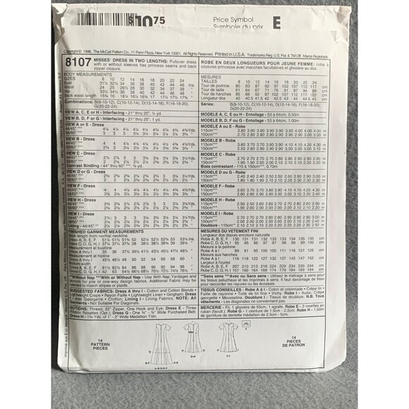 McCalls 8107 Misses Dress Pattern - 9 Great Looks Size 10-12-14 - uncut - Picture 2 of 2